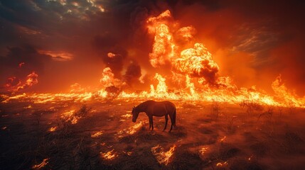 Fototapeta premium Hyperrealistic depiction of a savanna engulfed in flames