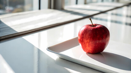 Single Red Apple on Sleek White Surface, Minimalist Composition with Soft Shadows for Health and Lifestyle Themes. 