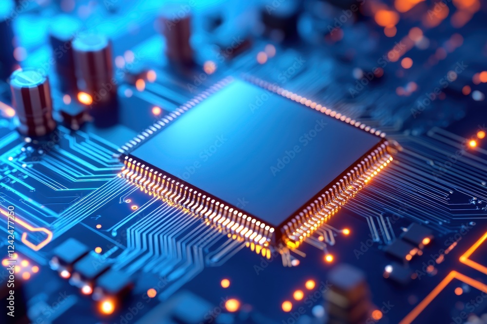 Poster close-up view of a computer microchip on a circuit board, glowing with vibrant blue and orange hues,