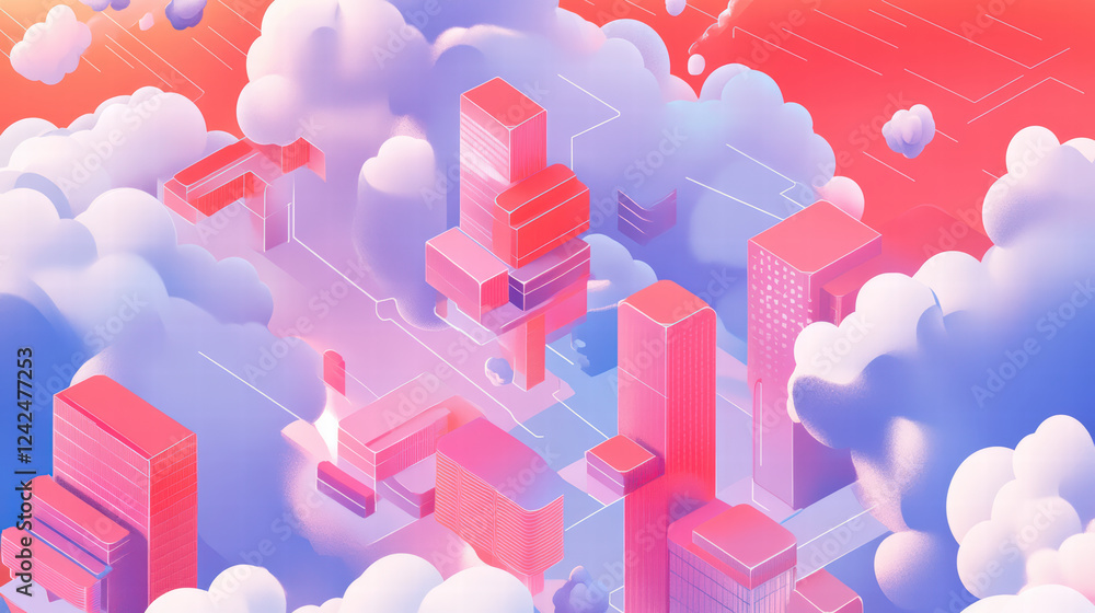 Poster isometric illustration of vibrant cloud environment with abstract buildings and data flow. colorful 
