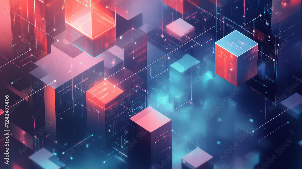 Poster isometric illustration of data flow in cloud environment featuring abstract cubes and glowing elemen