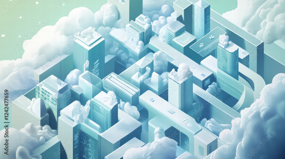 Poster isometric representation of futuristic cityscape with clouds, showcasing buildings and pathways. des