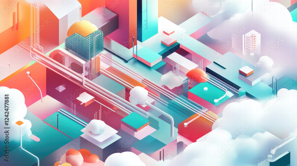 Aufkleber vibrant isometric illustration depicting complex data flow cloud environment, featuring colorful geo