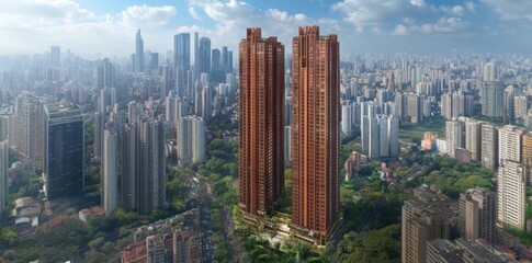 Fototapeta premium Modern Architecture Stands Tall in Bustling Cityscape with Urban Design and Residential Development with Skyscraper and High-Rise Building.