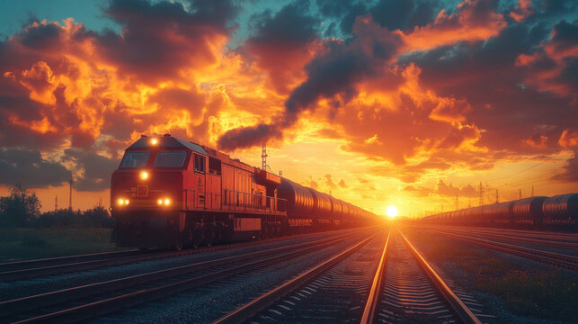 A rail yard at dusk, with freight trains parked on parallel tracks under a glowing orange sky