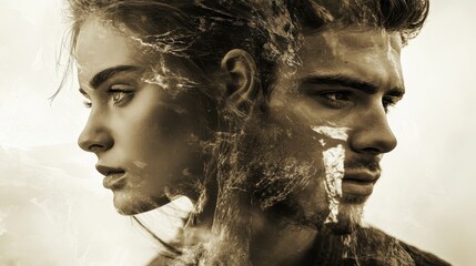 Double exposure portrait of a man and woman. Ideal for themes of connection, duality, and relationships.