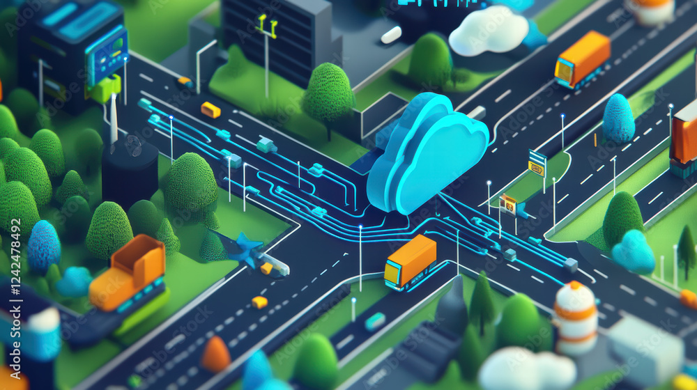Poster isometric representation of big data flow in cloud environment, showcasing vibrant cityscape with ve