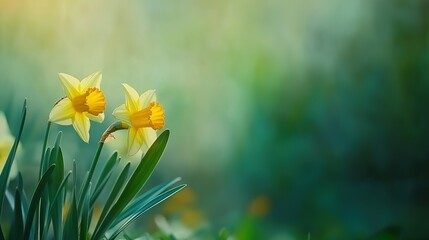 Obraz premium Beautiful Yellow Daffodils in Spring Garden with Blurred Green Background: Floral Bloom and Flowering Harmony