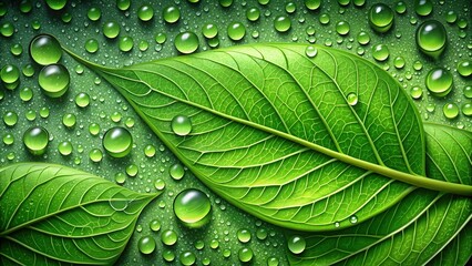Abstract Green Leaf Background with Water Droplets - Macro Photography Top View