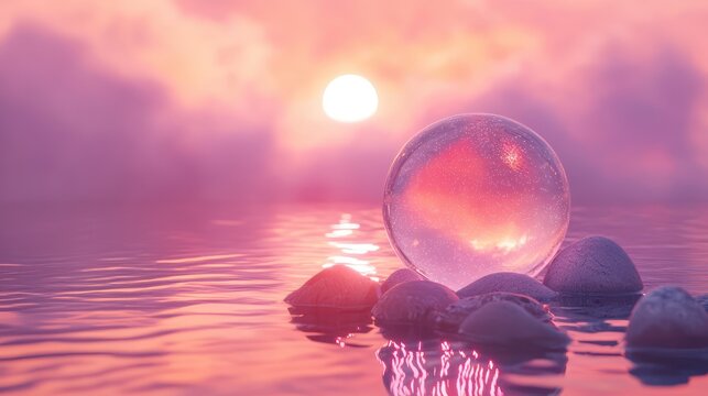 Under a fiery sunset, a glowing glass globe rests on polished stones, surrounded by rippling waters and a subtle mist, all rendered in high resolution.