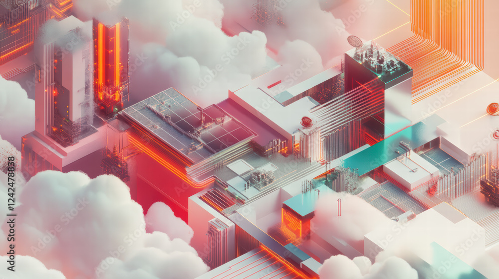 Poster isometric visualization of futuristic cityscape with cloud integration, showcasing vibrant colors an