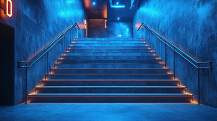 A staircase in an industrial building, featuring steel railings, concrete steps, and modern lighting