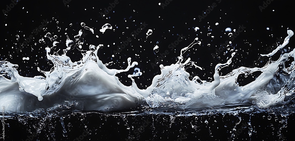 Poster fresh milk wave splashing, creating dynamic splatters and droplets on a black background, ideal for 