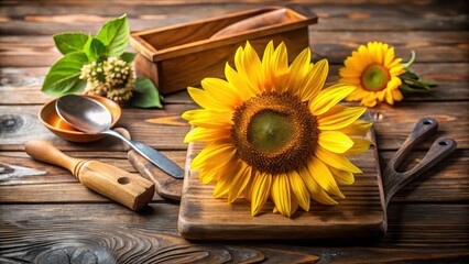 Fototapeta premium Close-up of a single sunflower with bright yellow petals and dark centers placed on a rustic wooden cutting board, surrounded by kitchen utensils, nature, kitchen