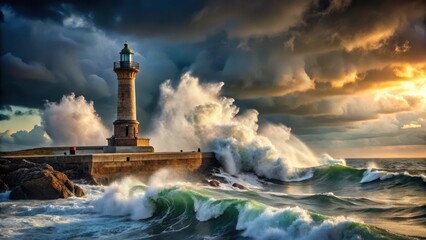 Turbulent waves crash against rugged shoreline beneath towering lighthouse, with dramatic clouds and lightning illuminating darkening sky, ocean, dramatic lighting