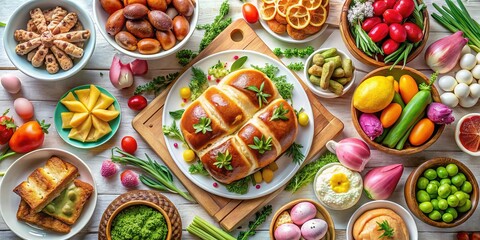 Aerial View of Easter Brunch: Ham, Eggs, Hot Cross Buns, Cake & Spring Decor