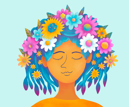 Woman with colorful flower hair