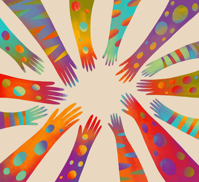 Colorful hands create a vibrant circle of unity and celebration