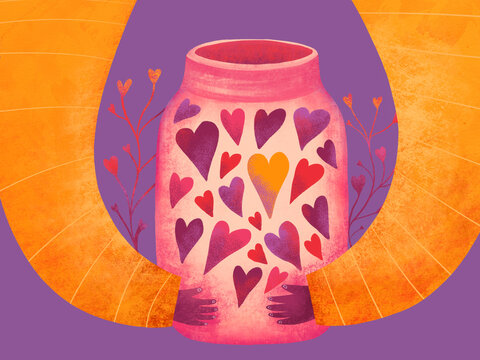 Embracing a jar full of colorful hearts against a vibrant background