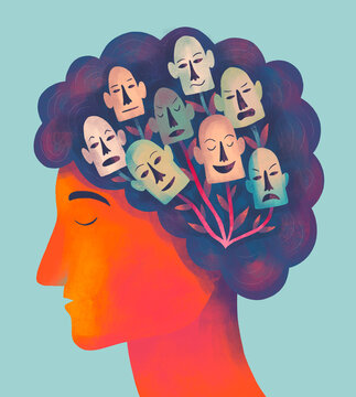 Emotions represented by diverse faces in creative mind illustration