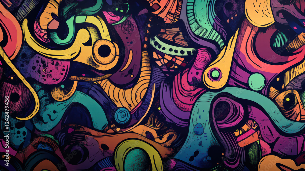 Poster vibrant doodle shapes with intricate designs create lively and colorful abstract pattern. swirling c
