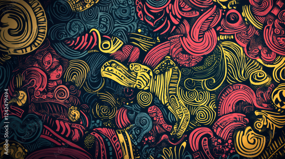 Poster vibrant doodle shapes with intricate designs create mesmerizing pattern in bold colors. artwork feat