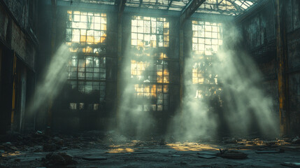 Obraz premium An abandoned warehouse with metal beams, shattered windows, and sunlight breaking through dusty air
