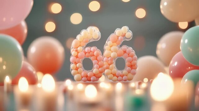 A Festive Celebration of Milestone Six-Six: Colorful Balloon Decoration Highlighting a 66th Birthday with Soft Pastels and Warm Candlelight Ambiance