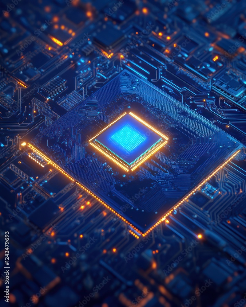 Poster close-up of glowing blue chip on dark circuit board. tech background for science or engineering use