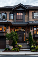 Fototapeta premium Luxury Brick House Exterior at Night. Modern Home Design, Elegant Entrance, and Beautiful Landscaping. Real Estate Photography