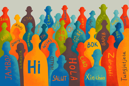 Diverse group of people greeting each other in various languages