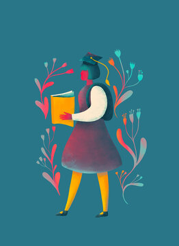 Graduate woman with book surrounded by colorful flowers and plants