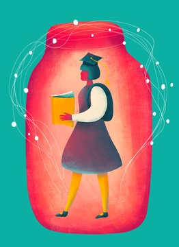 Student with a book inside a vibrant jar 