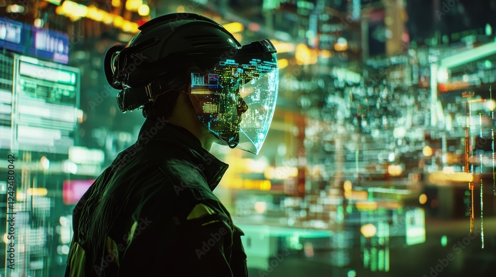 Poster industrial worker wearing a futuristic augmented reality headset monitors an innovative manufacturin