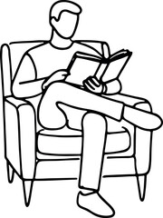 Line Drawing of Man Relaxing with Book in Armchair