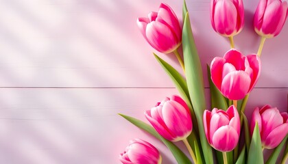 Obraz premium Pink Tulips on a Pink Wooden Background: A Springtime Delight