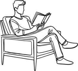 Line Drawing of Man Relaxing with Book in Armchair
