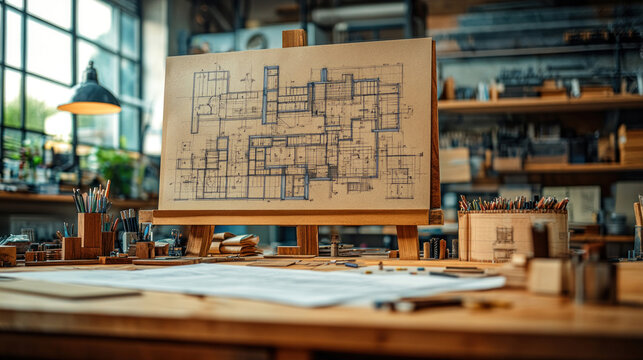 Detailed blueprints pinned to a corkboard in an architect industrial office, surrounded by sketches and notes