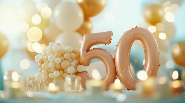 Elegant Celebration of a Milestone Birthday with Golden Balloons and Decorative Elements Featuring the Number 50, Perfect for a 50th Anniversary or Milestone Event - Powered by Adobe