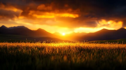 Golden Sunset over Mountain Field