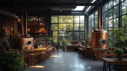 Exposed pipes in a brewery, integrated into the design to create an authentic industrial aesthetic