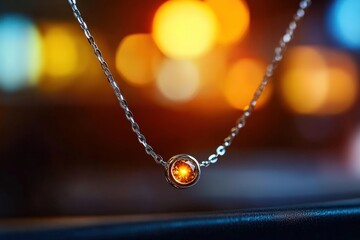 Fototapeta premium Elegant Amber Gemstone Pendant Necklace, Sparkling in City Lights