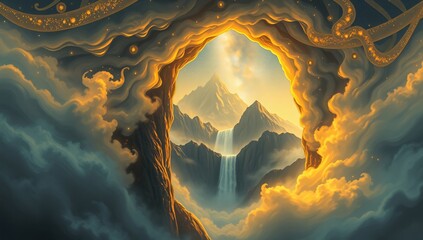 Surreal Floating Archway of Luminous Fog, Leading to an Upside-Down World – A glowing mist portal with barely visible golden runes, revealing a universe where reality twists and mountains hover above