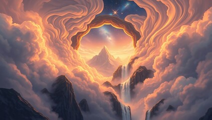 Golden Rune-Filled Mist Portal to a Celestial Realm of Floating Landscapes – A mysterious gateway of luminous fog, opening to a breathtaking world where waterfalls vanish into the stars
