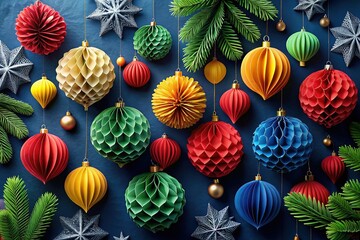 Colorful Christmas Paper Honeycomb Ornaments Flat Lay, Dark Blue Background