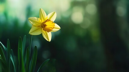 Obraz premium Beautiful Yellow Daffodils in Spring Garden with Blurred Green Background: Floral Bloom and Flowering Harmony