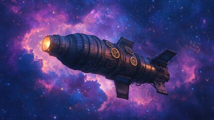 Naklejka premium Futuristic Spacecraft Flying Through Colorful Nebula in Galaxy