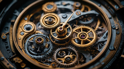 Obraz premium Intricate gears and cogs in an old clock mechanism, photographed with soft light to emphasize texture