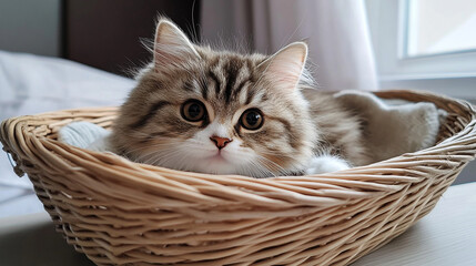 Cute little cat sitting in a basket