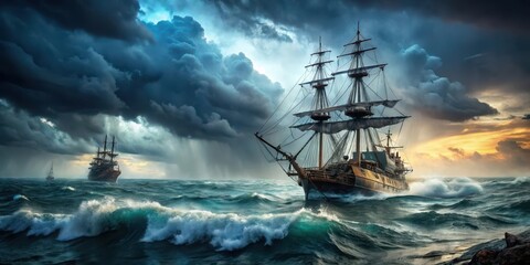 Obraz premium A pirate ship is being attacked by a naval warship in the open ocean